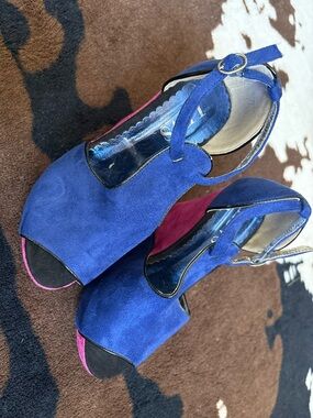 Women’s Suede Peep-Toe Platform Heels in Blue and Pink